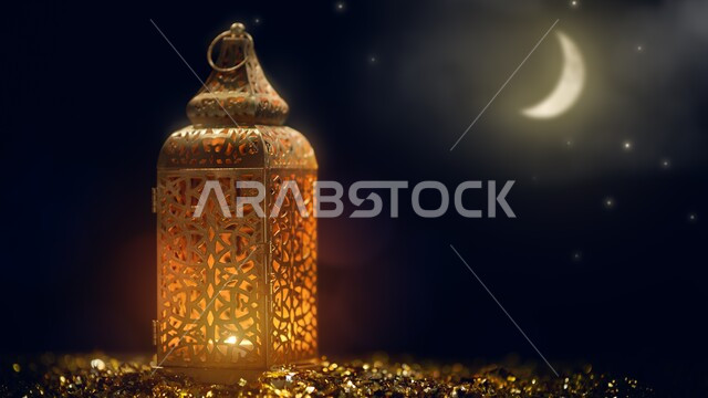 فانوس معدني مضيء , إضاءة و زينة شهر رمضان , هلال شهر رمضان المبارك , خلفية سوداء .