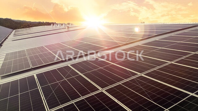 الألواح الشمسية الكهروضوئية , طاقة شمسية ، مفهوم إنتاج الطاقة المتجددة.