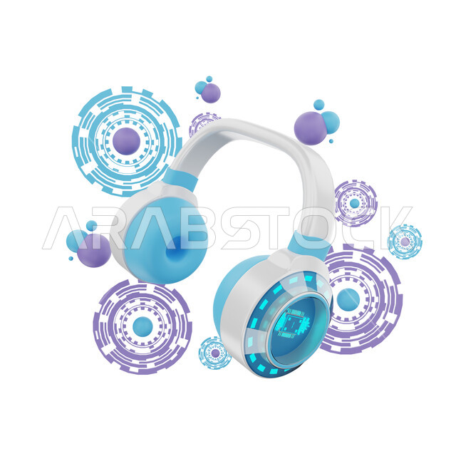 Stereoscopic 3D headphones, technology and technology development, artificial intelligence, social communication, future technology, white background