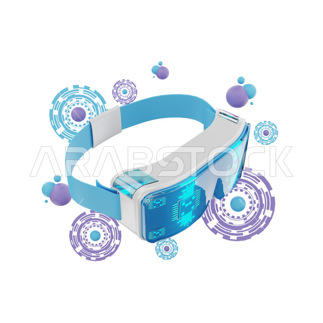 Stereoscopic 3D virtual reality glasses, technology development, artificial intelligence, social communication, future technology, white background