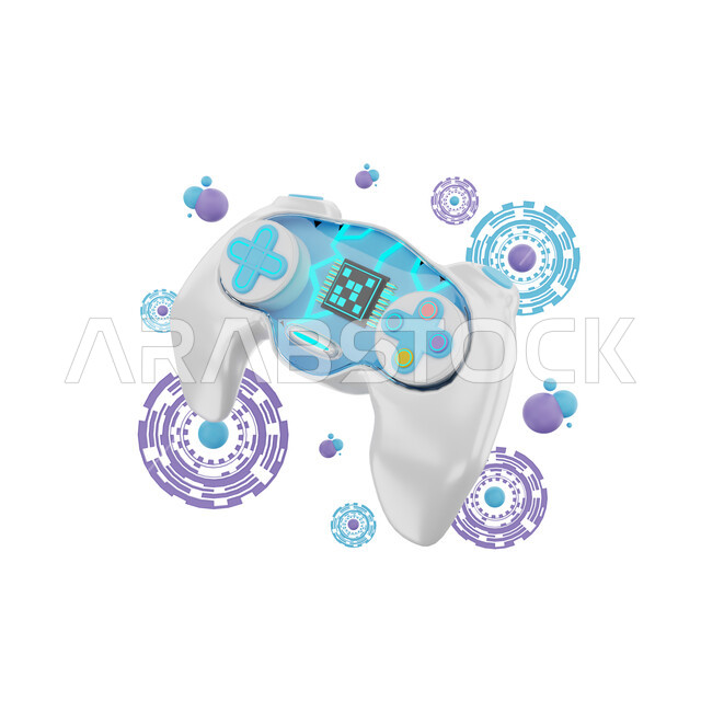 LED hologram of the 3D PlayStation device, modern electronic games, technology and technology development, artificial intelligence, social communication, future technology, white background