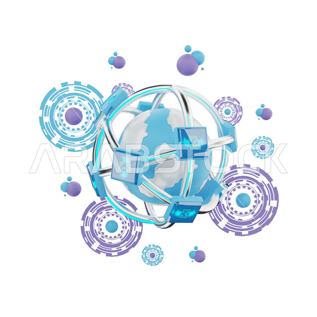 3D globe, communication networks, technology and technology development, artificial intelligence, social communication, future technology, white background