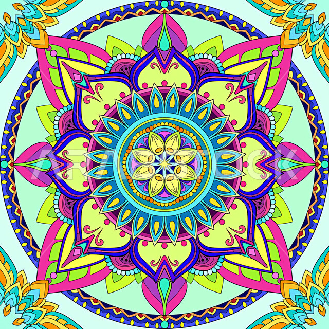 شكل هندسي مجرد ،  خلفية هندسية ملونة ، نمط خلفية مجردة ، نمط الدائرة ، نمط زخرفي هندسي متناظر ، ماندالا بنمط على شكل زهرة مع مزيج من الألوان