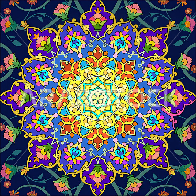 شكل هندسي مجرد ،  خلفية هندسية ملونة ، نمط خلفية مجردة ، نمط الدائرة ، نمط زخرفي هندسي متناظر ، ماندالا بنمط على شكل زهرة مع مزيج من الألوان