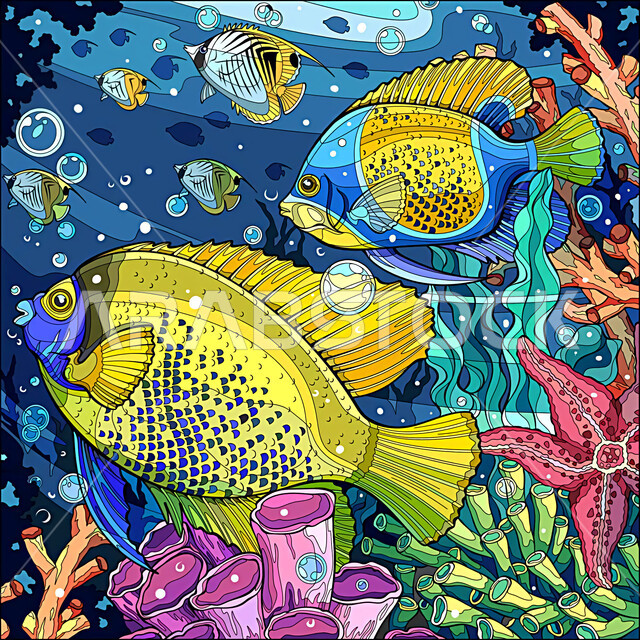 رسم توضيحي لأسماك استوائية تحت الماء ، أسماك ملونة ، رسومات ابداعية ملونة ، فن تشكيلي ، لوحات رسم ، قالب تصميم غلاف