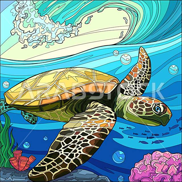 رسم توضيحي لسلحفاة في الماء ، حيوانات زاحفة ، رسومات ابداعية ملونة ، فن تشكيلي ، لوحات رسم ، قالب تصميم غلاف