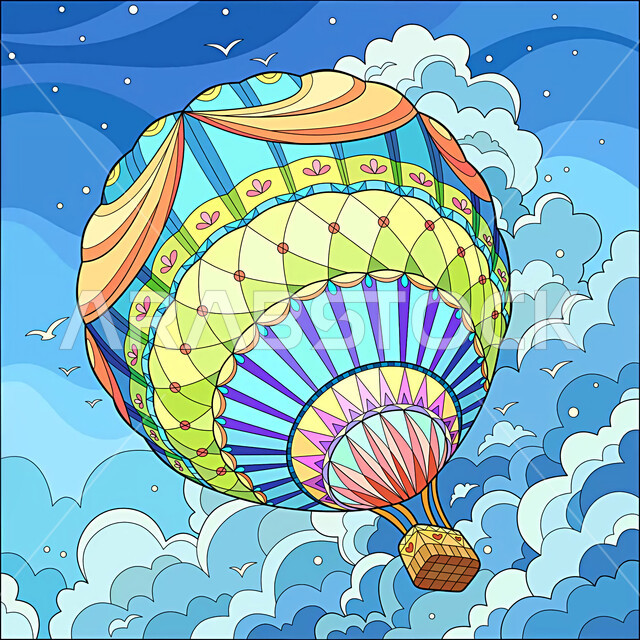 رسم توضيحي لمنطاد الهواء الساخن الجميل الذي يطير في السماء ، رسومات ابداعية ملونة ، فن تشكيلي ، لوحات رسم ، قالب تصميم غلاف ، خلفيات