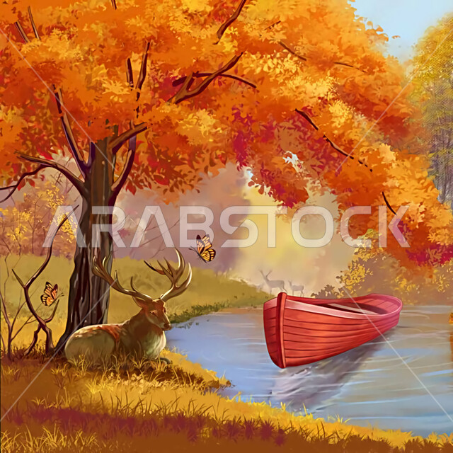 رسم توضيحي للمناظر الطبيعية مع الأشجار والغزلان والقارب والفراشات في فصل الخريف ، رسومات ابداعية ملونة ، فن تشكيلي ، لوحات رسم ، قالب تصميم غلاف ، خلفيات