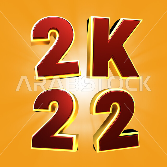 رسم توضيحي ثلاثي الأبعاد لعدد المتابعين, احتفال وصول عدد المتابعين الى 222 الف, رسم ملون ثلاثي الأبعاد على شكل 222, خلفيه برتقاليه