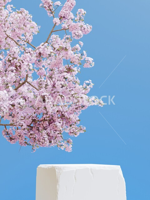 مجسم لتصوير المنتجات , ستاند مربع الشكل , زينة زهور صناعية , خلفية زرقاء .