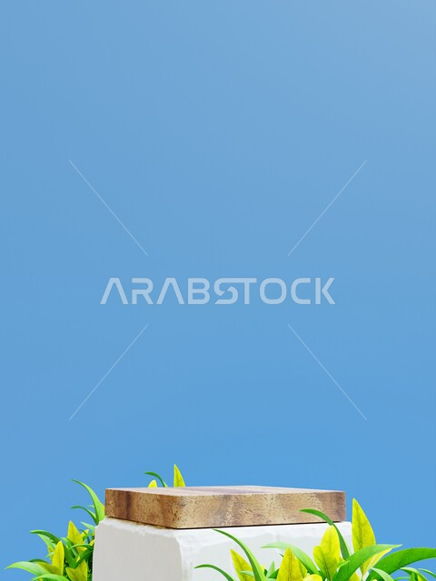 مجسم لتصوير المنتجات , ستاند دائري الشكل , زينة زهور صناعية , خلفية زرقاء .