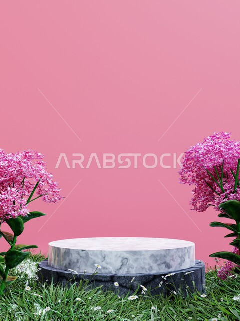 مجسم لتصوير المنتجات , ستاند دائري الشكل , زينة زهور صناعية , خلفية وردية .