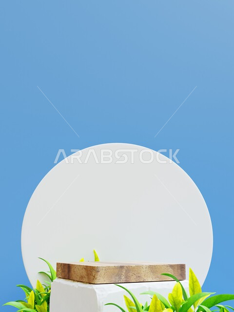 مجسم لتصوير المنتجات , ستاند دائري الشكل , زينة زهور صناعية , خلفية زرقاء .