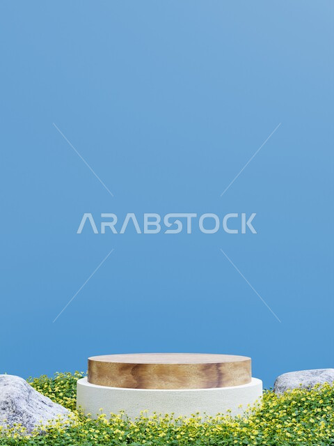 مجسم لتصوير المنتجات , ستاند دائري الشكل , زينة من العشب والأحجار والصخور , خلفية زرقاء .