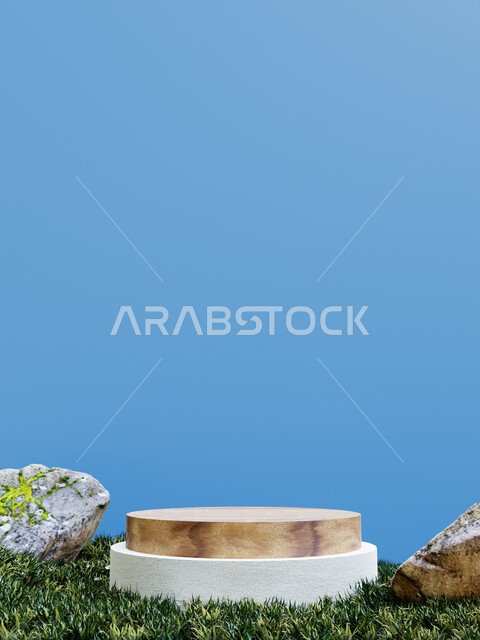 مجسم لتصوير المنتجات , ستاند دائري الشكل , زينة من العشب و الأحجار والصخور , خلفية زرقاء .