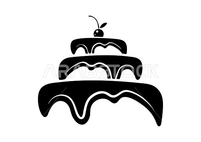 أيقونة على شكل طبقات من الكعك , رسومات , شعار حلويات بالأسود والأبيض , خلفية بيضاء .