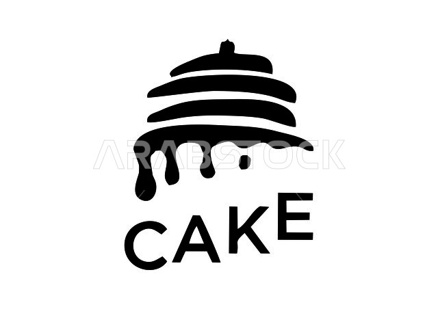 أيقونة على شكل طبقات من الكعك , رسومات , شعار حلويات بالأسود والأبيض , خلفية بيضاء .