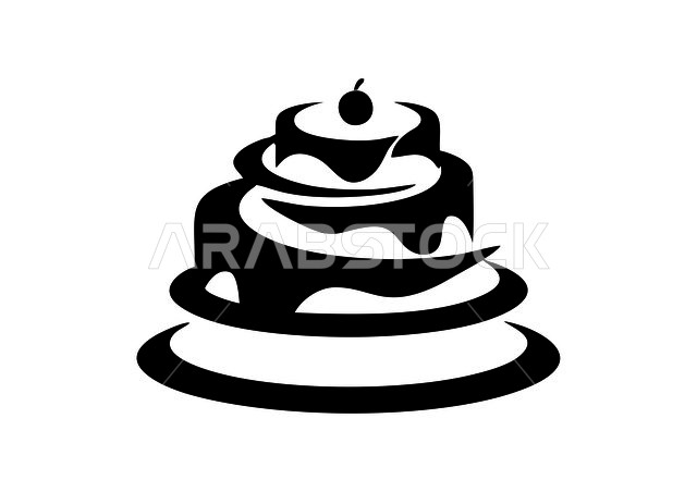 أيقونة على شكل طبقات من الكعك , رسومات , شعار حلويات بالأسود والأبيض , خلفية بيضاء .