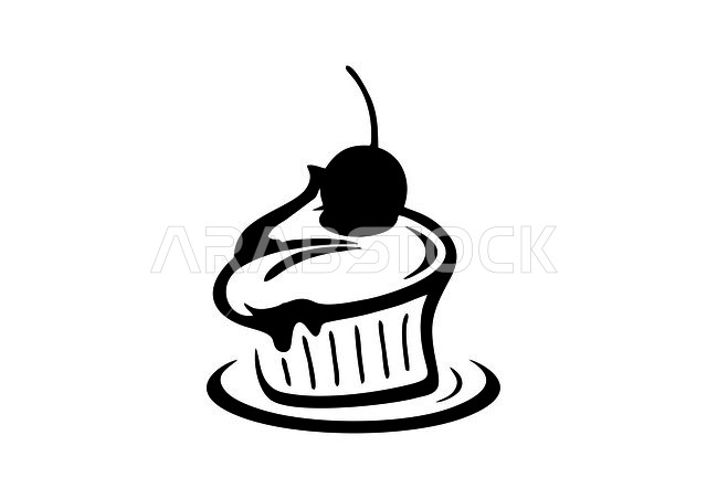 أيقونة على شكل كب كيك , رسومات , شعار حلويات بالأسود والأبيض , خلفية بيضاء .