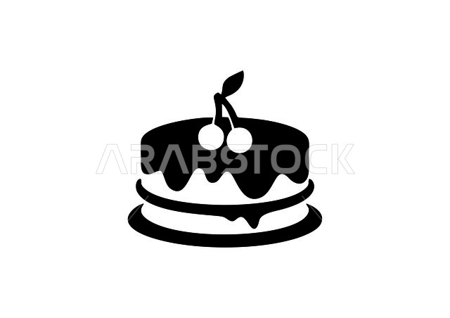 أيقونة على شكل كعكة , رسومات , شعار حلويات بالأسود والأبيض , خلفية بيضاء .