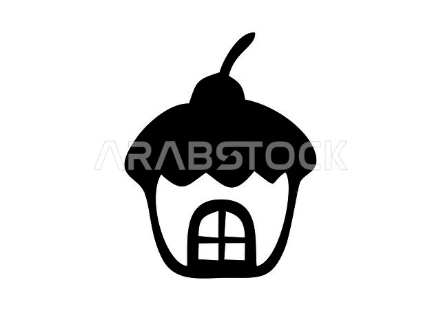 أيقونة على شكل كب كيك , رسومات , شعار حلويات بالأسود والأبيض , خلفية بيضاء .