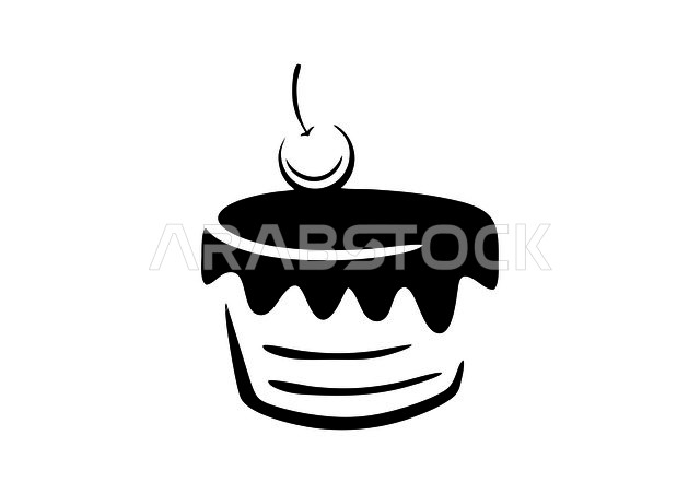 أيقونة على شكل كب كيك , رسومات , شعار حلويات بالأسود والأبيض , خلفية بيضاء .