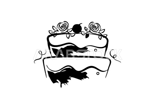 أيقونة على شكل كعكة بطبقتين , رسومات , شعار حلويات بالأسود والأبيض , خلفية بيضاء .