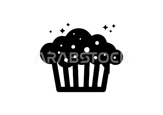 أيقونة على شكل كب كيك , رسومات , شعار حلويات بالأسود والأبيض , خلفية بيضاء .