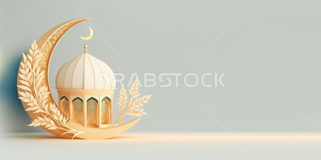 مجسم الهلال والمسجد ثلاثي الابعاد على خلفيه فاتحة , هلال شهر رمضان ، إضاءة وزينة رمضانية ، ديكورات وأنوار رمضانية , خلفية رمضان