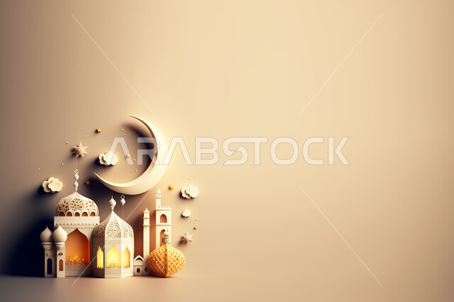 مجسم ثلاثي الابعاد لمسجد مع زخارف اسلامية ومشاعر رمضانية، زخارف اسلامية، اضاءة وزينة شهر رمضان المبارك.