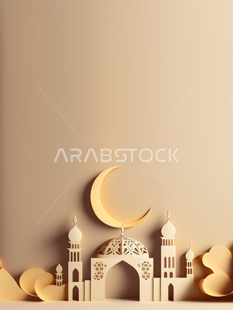 مجسم ثلاثي الابعاد لمسجد مع زخارف اسلامية ومشاعر رمضانية، زخارف اسلامية، اضاءة وزينة شهر رمضان المبارك.