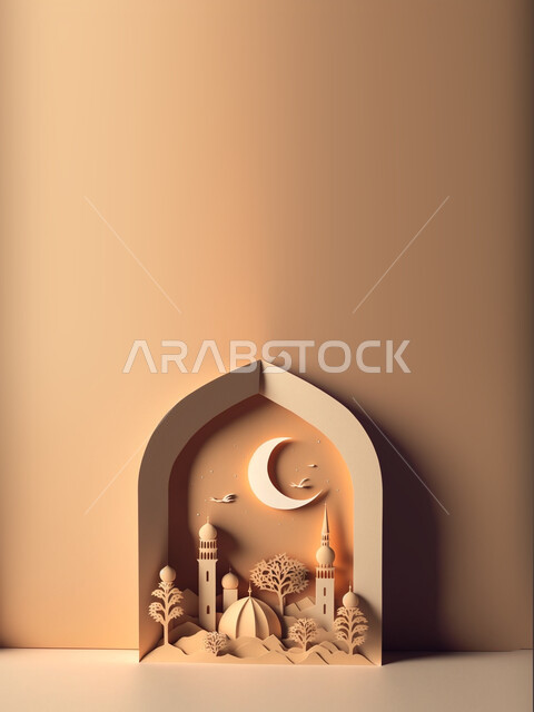 مجسم ثلاثي الابعاد لمسجد مع زخارف اسلامية ومشاعر رمضانية، زخارف اسلامية، اضاءة وزينة شهر رمضان المبارك.