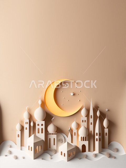 مجسم ثلاثي الابعاد لمسجد مع زخارف اسلامية ومشاعر رمضانية، زخارف اسلامية، اضاءة وزينة شهر رمضان المبارك.