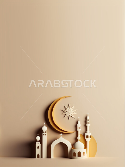 مجسم ثلاثي الابعاد لمسجد مع زخارف اسلامية ومشاعر رمضانية، زخارف اسلامية، اضاءة وزينة شهر رمضان المبارك.