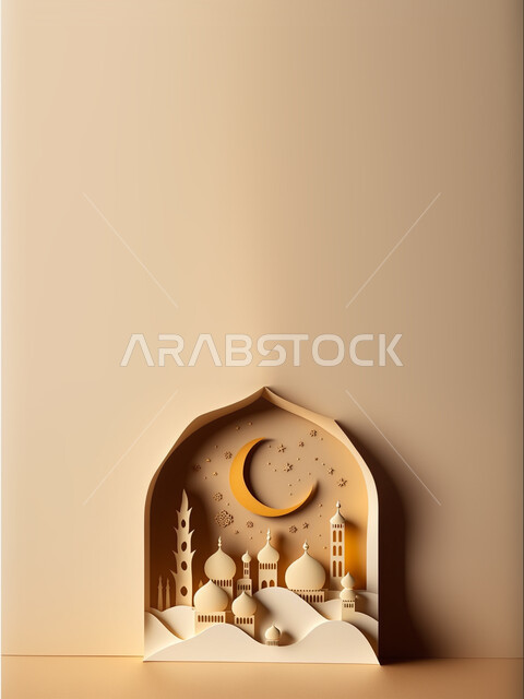 مجسم ثلاثي الابعاد لمسجد مع زخارف اسلامية ومشاعر رمضانية، زخارف اسلامية، اضاءة وزينة شهر رمضان المبارك.