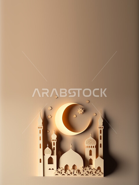 مجسم ثلاثي الابعاد لمسجد مع زخارف اسلامية ومشاعر رمضانية، زخارف اسلامية، اضاءة وزينة شهر رمضان المبارك.