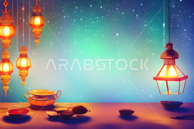 فوانيس رمضان المضيئة وطبق رمضاني على طاولة، اضاءة وزينة شهر رمضان، شهر رمضان المبارك