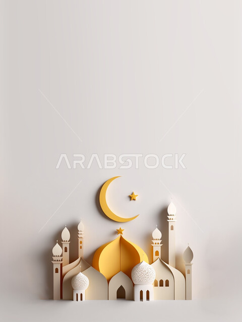 A three-dimensional model of a mosque on a light background, the crescent of the month of Ramadan, Ramadan lighting and decorations, Ramadan decorations and lights, Ramadan background
