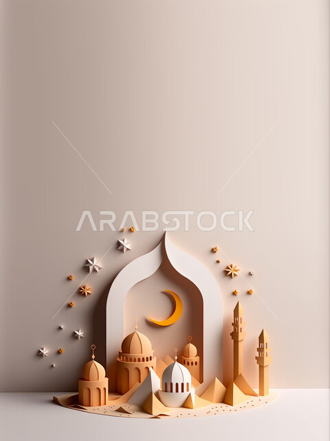 A three-dimensional model of a mosque on a light background, the crescent of the month of Ramadan, Ramadan lighting and decorations, Ramadan decorations and lights, Ramadan background