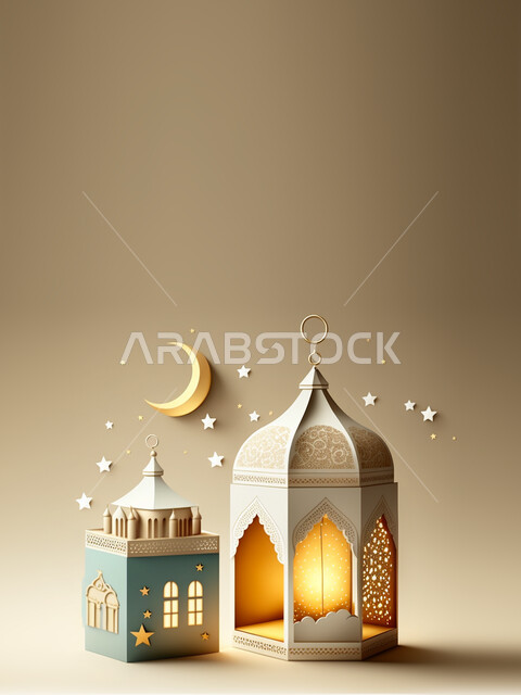 Three-dimensional model of the crescent moon and Ramadan lantern, crescent of the month of Ramadan, Ramadan lighting and decorations, Ramadan decorations and lights, Ramadan background