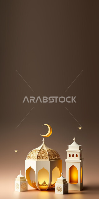 مجسم فانوس رمضان وماذنة ثلاثية الابعاد, هلال شهر رمضان ، إضاءة وزينة رمضانية ، ديكورات وأنوار رمضانية , خلفية رمضان
