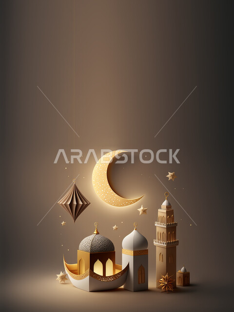مجسم فانوس رمضان وماذنة ثلاثية الابعاد, هلال شهر رمضان ، إضاءة وزينة رمضانية ، ديكورات وأنوار رمضانية , خلفية رمضان