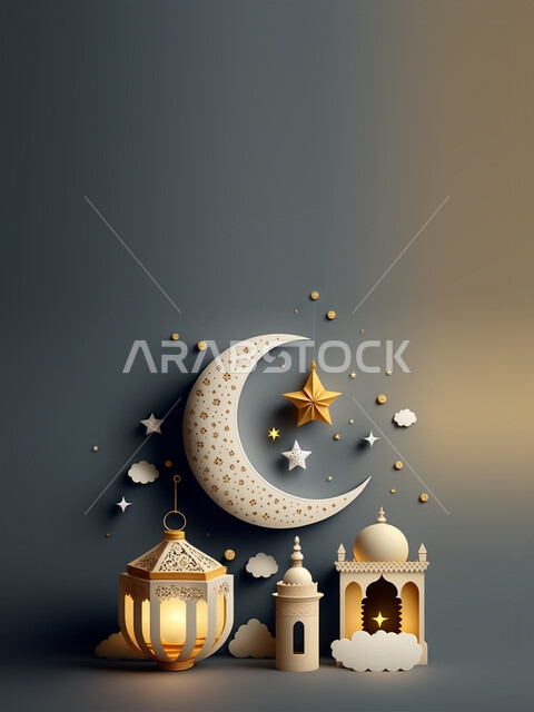 Stereoscopic 3D lanterns, crescent moon, Ramadan lighting and decorations, Ramadan decorations and lights, Ramadan background