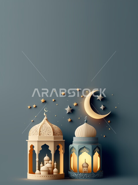 مجسم فوانيس ثلاثية الابعاد, هلال شهر رمضان ، إضاءة وزينة رمضانية ، ديكورات وأنوار رمضانية , خلفية رمضان