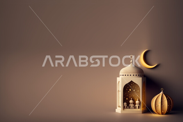 A three-dimensional model of the lantern and crescent of Ramadan, the holy month of Ramadan, Ramadan lighting and decorations, Ramadan decorations and lights, Ramadan background