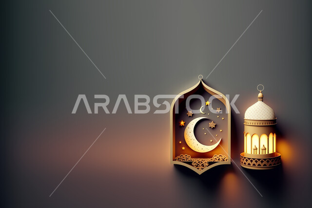 A three-dimensional model of a lantern and a luminous crescent, the holy month of Ramadan, Ramadan lighting and decorations, Ramadan decorations and lights, Ramadan background
