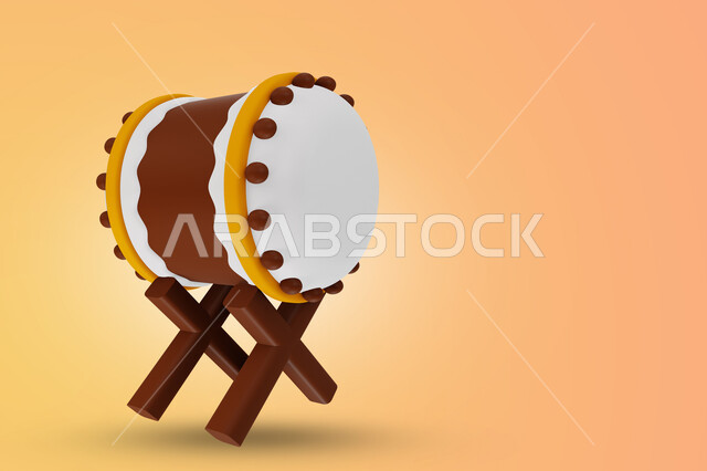 رسوم توضيحيه ثلاثية الابعاد للطبل, آلات موسيقيه, طبول العيد, بطاقات تهنئه, خلفيه صفراء