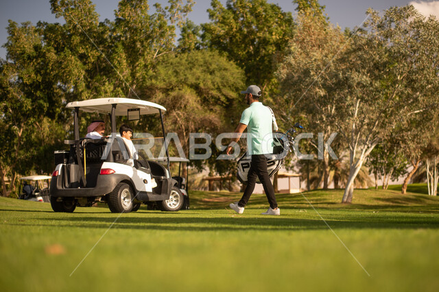 Two Saudi Arabian Gulf men with a little boy on the golf course, wide green spaces, an electric car specialized in transporting passengers, playing golf, sports activities in Saudi Arabia, golf, summer Olympics sports, recreational activities