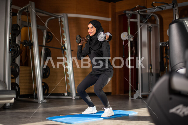 امرأة عربية خليجية سعودية ترتدي الملابس الرياضية وتقوم بالتمارين الرياضية، استخدام الأجهزة، تقوية وبناء العضلات، تمارين رفع الاوزان، صالة الألعاب الرياضية، انشطة وتمارين رياضية، الصحة واللياقة البدنية، نشاط بدني
