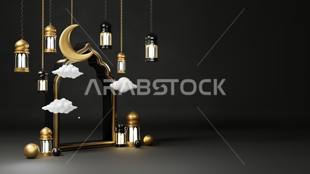A collection of three-dimensional Ramadan artifacts, Ramadan crescent, Ramadan decorations, occasions and gifts, lighting and decorations, Ramadan decorations and lights, Ramadan background